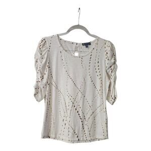 Democracy Womens Medium PETITE Top Ruching 3/4 Sleeves Keyhole Back Button